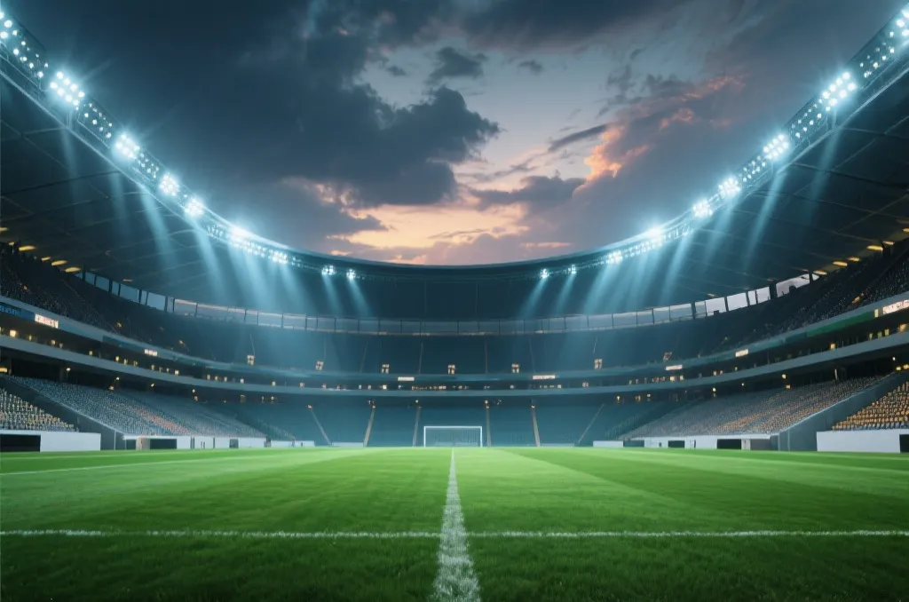A wide-angle editorial shot of a modern football stadium with vibrant green grass and dynamic stadium lights under a dramatic sky, 3d render