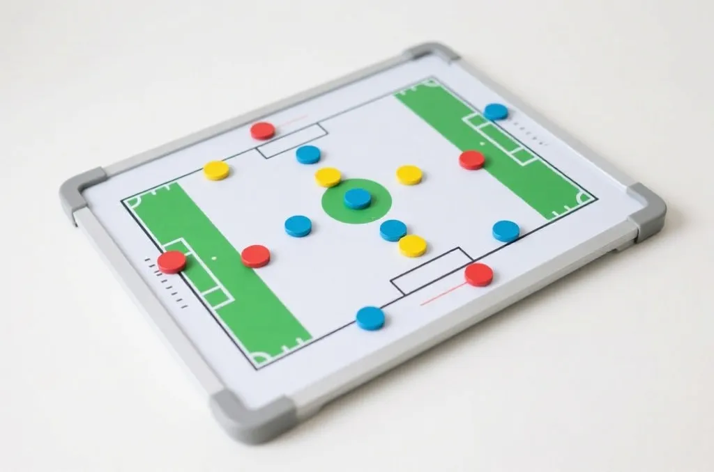 A minimalist tactical board showing a football field diagram with colorful magnetic pieces and strategy lines, clean design, top-down view