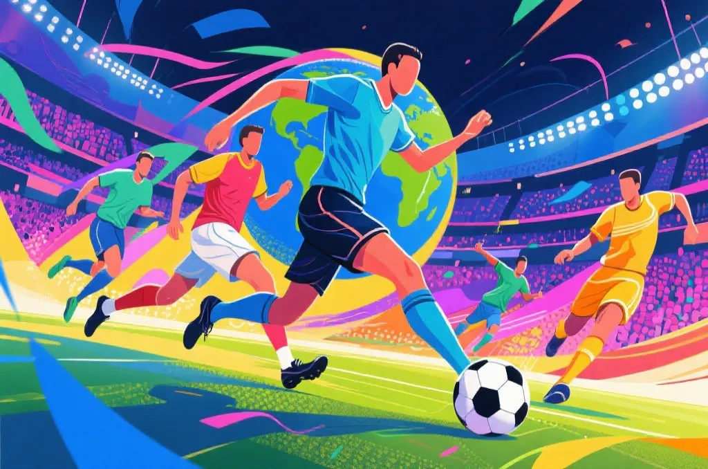 An abstract editorial illustration of global soccer players in action, dynamic movement, vibrant stadium background