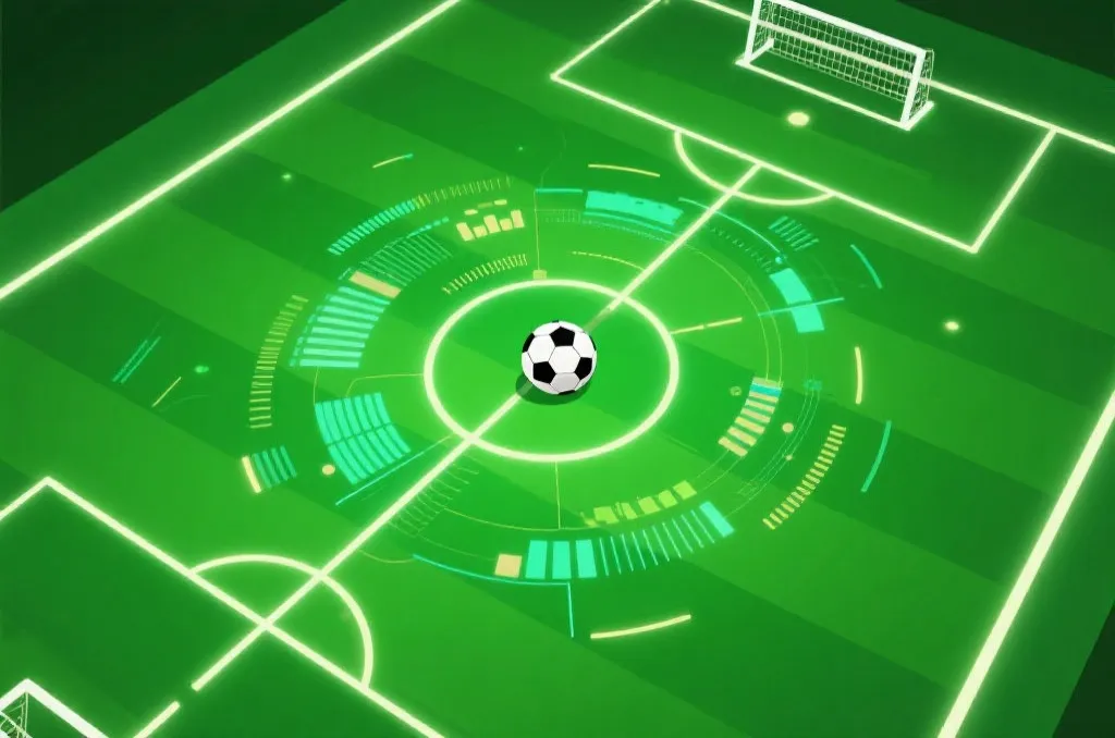 Generic green soccer field with tactical lines and abstract data visualization overlays